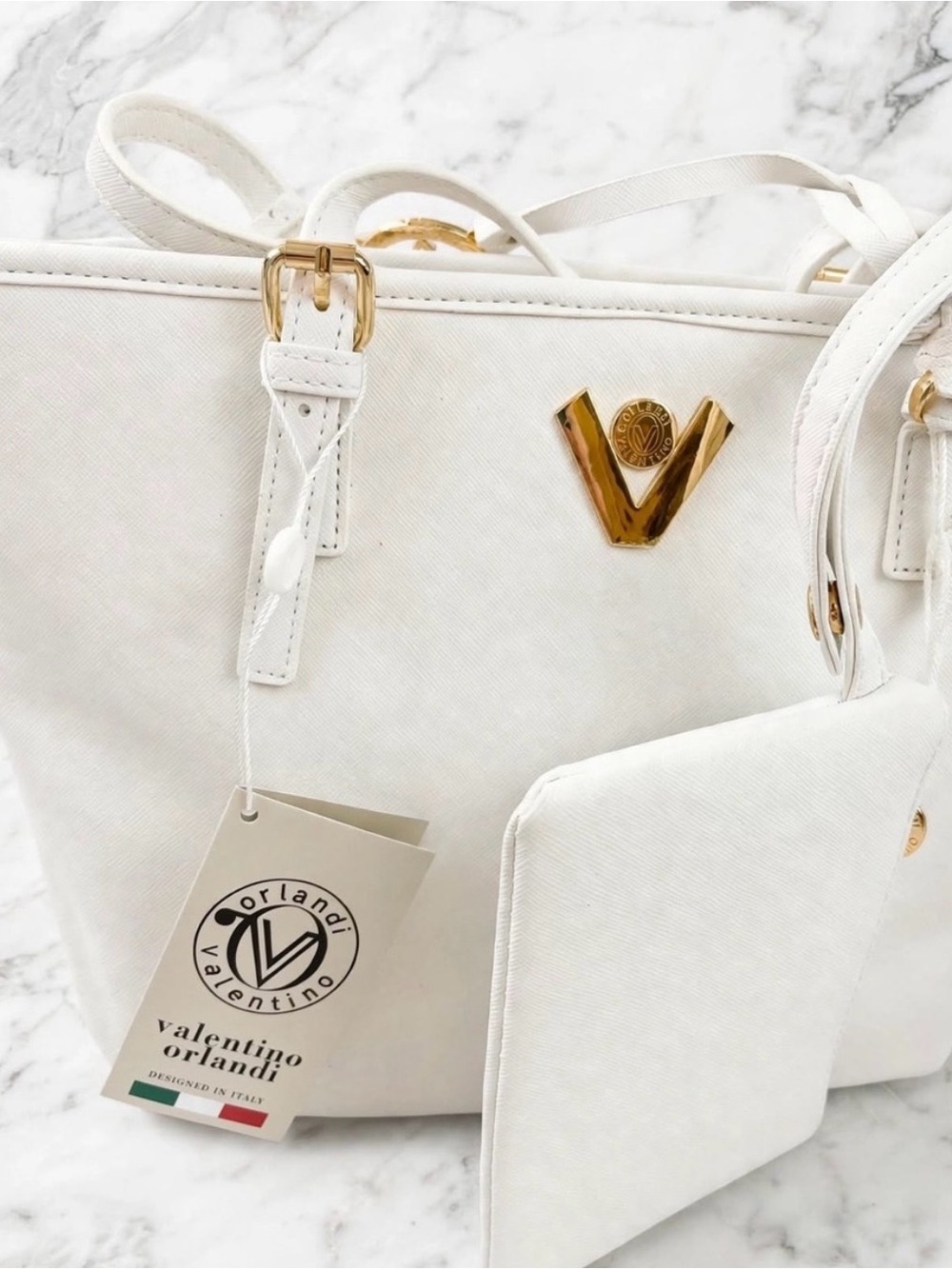Valentino Orlandi White Tote with Gold Emblem and Pouch